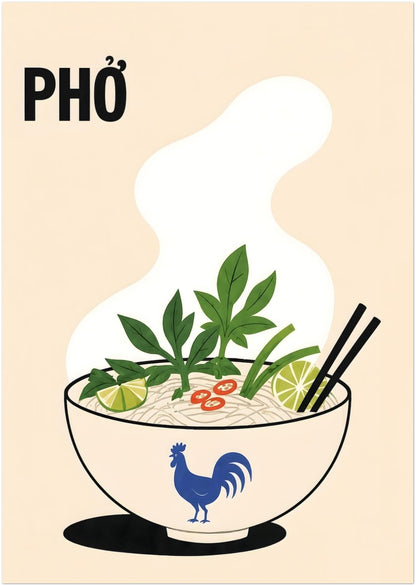 A0 Vietnamese pho noodle soup poster with a steaming bowl, rice noodles, fresh green herbs, lime, red chilli and black chopsticks. Cream background, bold PHỞ text and blue rooster bowl create colourful kitchen wall art.