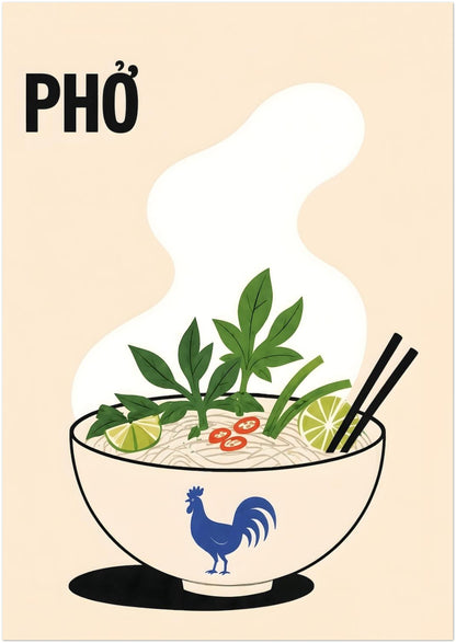 A1 Vietnamese pho noodle soup poster with a steaming bowl, rice noodles, fresh green herbs, lime, red chilli and black chopsticks. Cream background, bold PHỞ text and blue rooster bowl create colourful kitchen wall art.