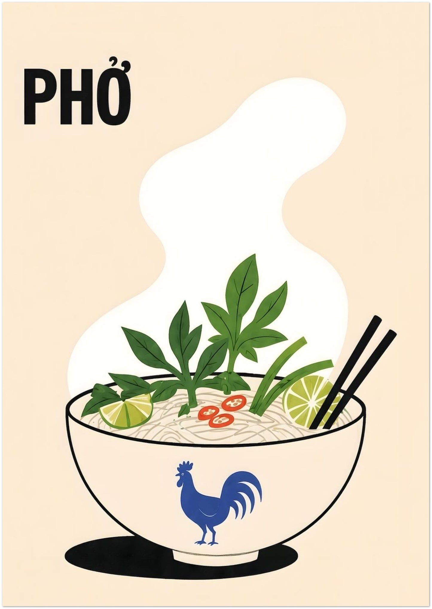 A2 Vietnamese pho noodle soup poster with a steaming bowl, rice noodles, fresh green herbs, lime, red chilli and black chopsticks. Cream background, bold PHỞ text and blue rooster bowl create colourful kitchen wall art.