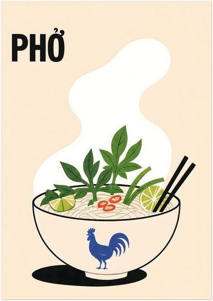 A2 Vietnamese pho noodle soup poster with a steaming bowl, rice noodles, fresh green herbs, lime, red chilli and black chopsticks. Cream background, bold PHỞ text and blue rooster bowl create colourful kitchen wall art.