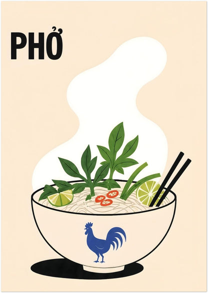 A3 Vietnamese pho noodle soup poster with a steaming bowl, rice noodles, fresh green herbs, lime, red chilli and black chopsticks. Cream background, bold PHỞ text and blue rooster bowl create colourful kitchen wall art.