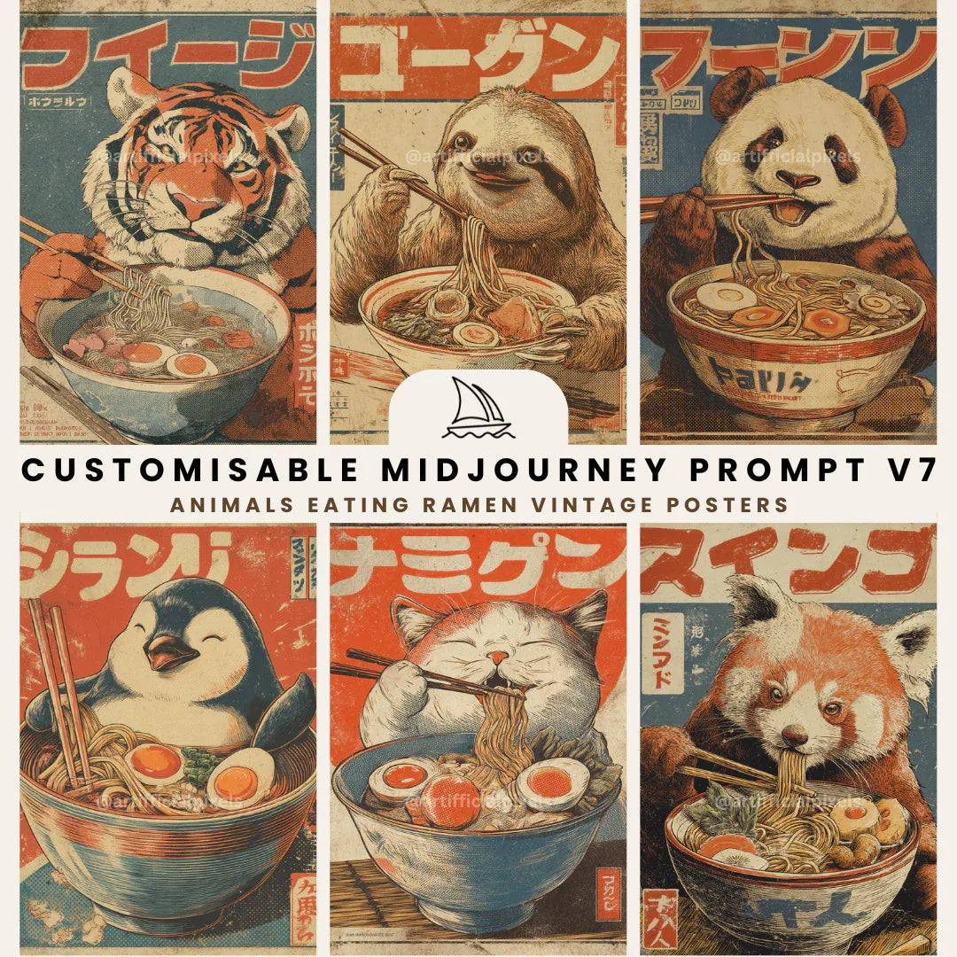 Vintage Ramen Animal Poster AI Art Prompt for Midjourney AI Image Generator - CITTRA Collective