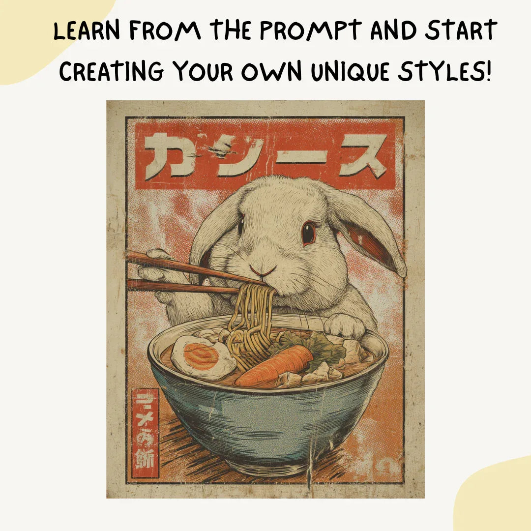 Vintage Ramen Animal Poster AI Art Prompt for Midjourney AI Image Generator - CITTRA Collective