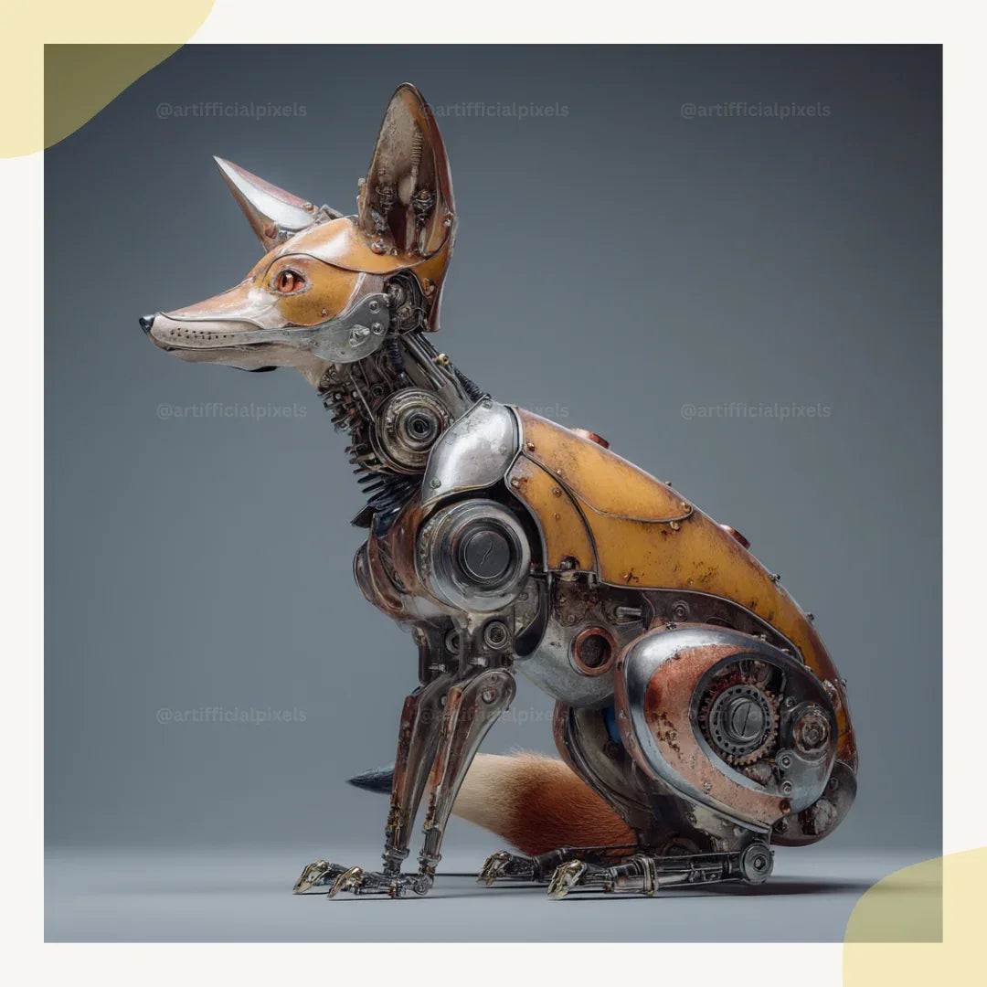 Surreal steampunk portrait of a fox, Midjourney-generated with worn metal textures and studio lighting on a neutral backdrop









