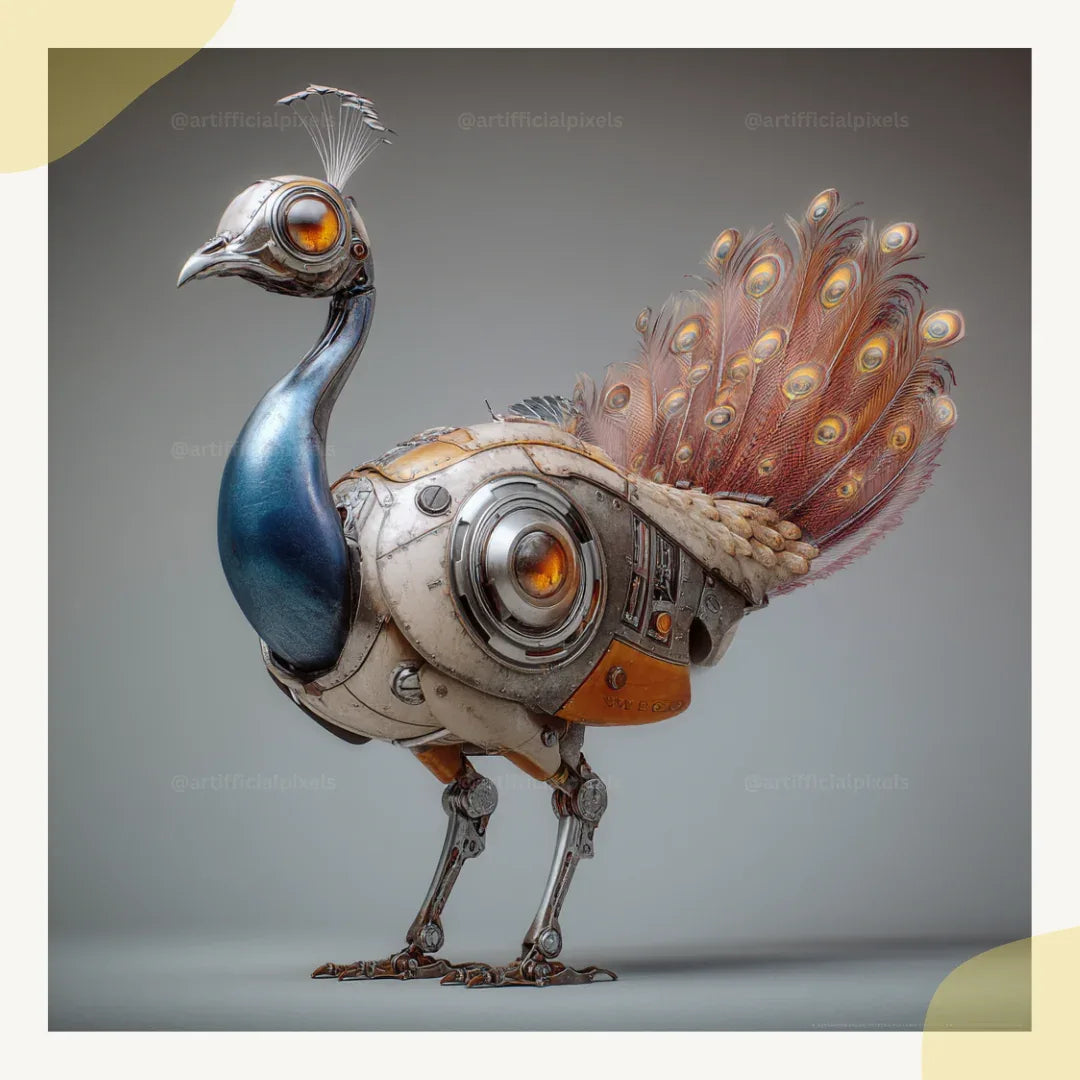 Surreal steampunk portrait of a peacock, Midjourney-generated with worn metal textures and studio lighting on a neutral backdrop









