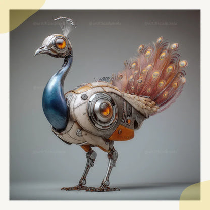 Surreal steampunk portrait of a peacock, Midjourney-generated with worn metal textures and studio lighting on a neutral backdrop









