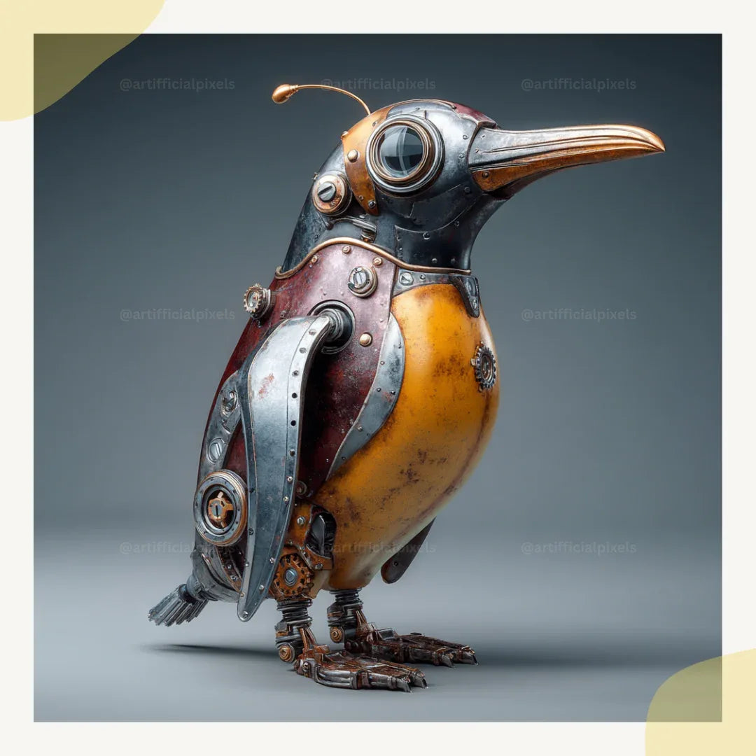 Surreal steampunk portrait of a penguin, Midjourney-generated with worn metal textures and studio lighting on a neutral backdrop









