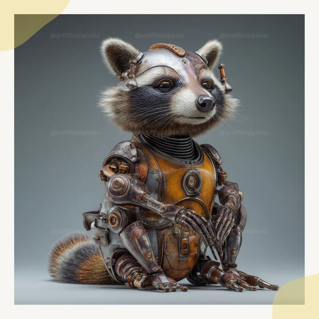 Surreal steampunk portrait of a raccoon, Midjourney-generated with worn metal textures and studio lighting on a neutral backdrop









