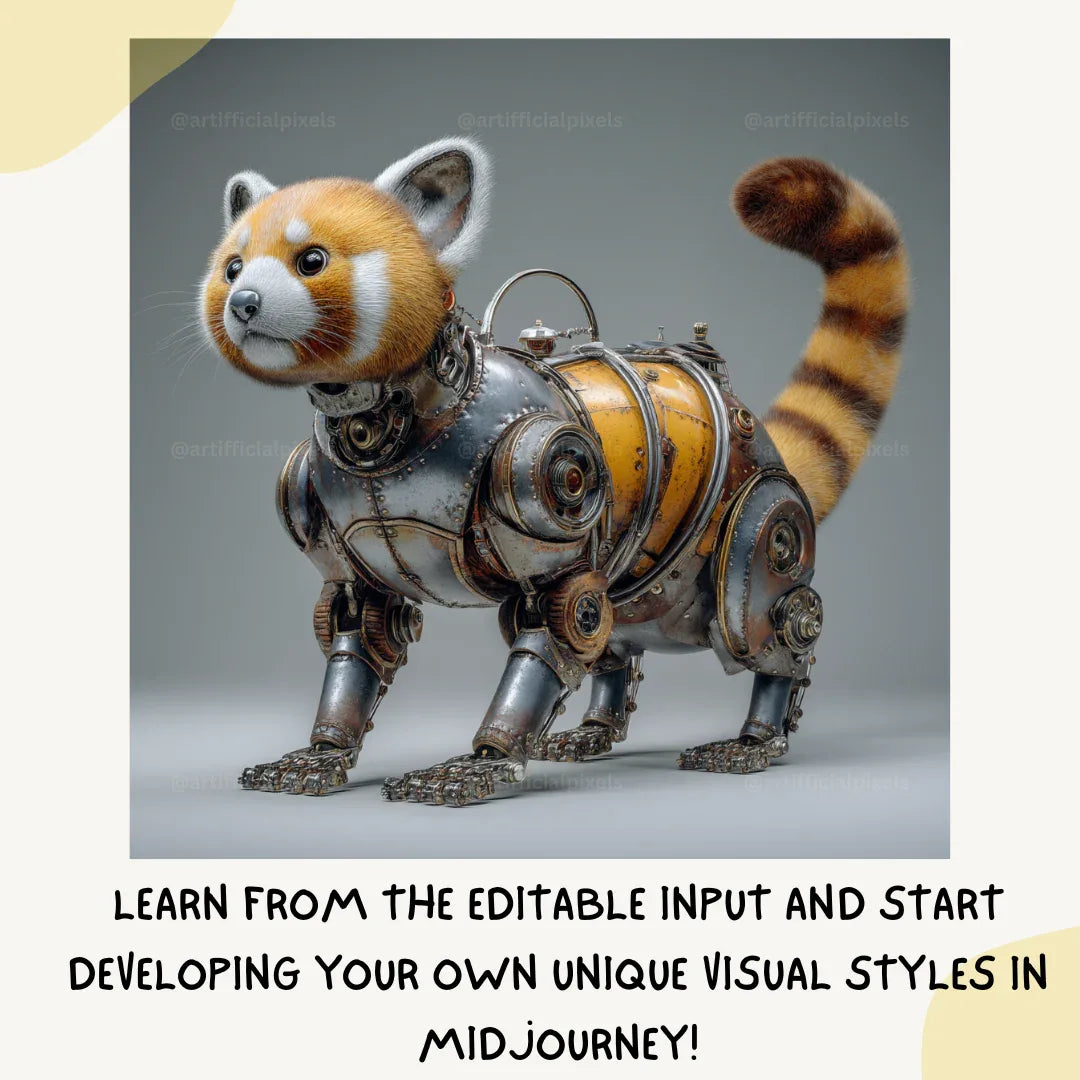 Surreal steampunk portrait of a red panda, Midjourney-generated with worn metal textures and studio lighting on a neutral backdrop