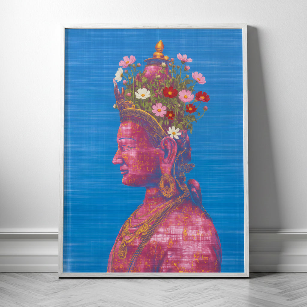 White wood framed pink and green Tara Buddhist art print, showing a calm pink Tara figure in profile with flowers emerging from the head on blue.