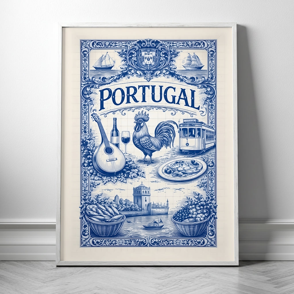 Framed portugal azulejo poster in a white wood frame, displaying a blue tile illustration inspired by Portuguese culture and traditions. This framed cultural art print highlights classic azulejo design and works well in bright Mediterranean or Amalfi-inspired interiors.