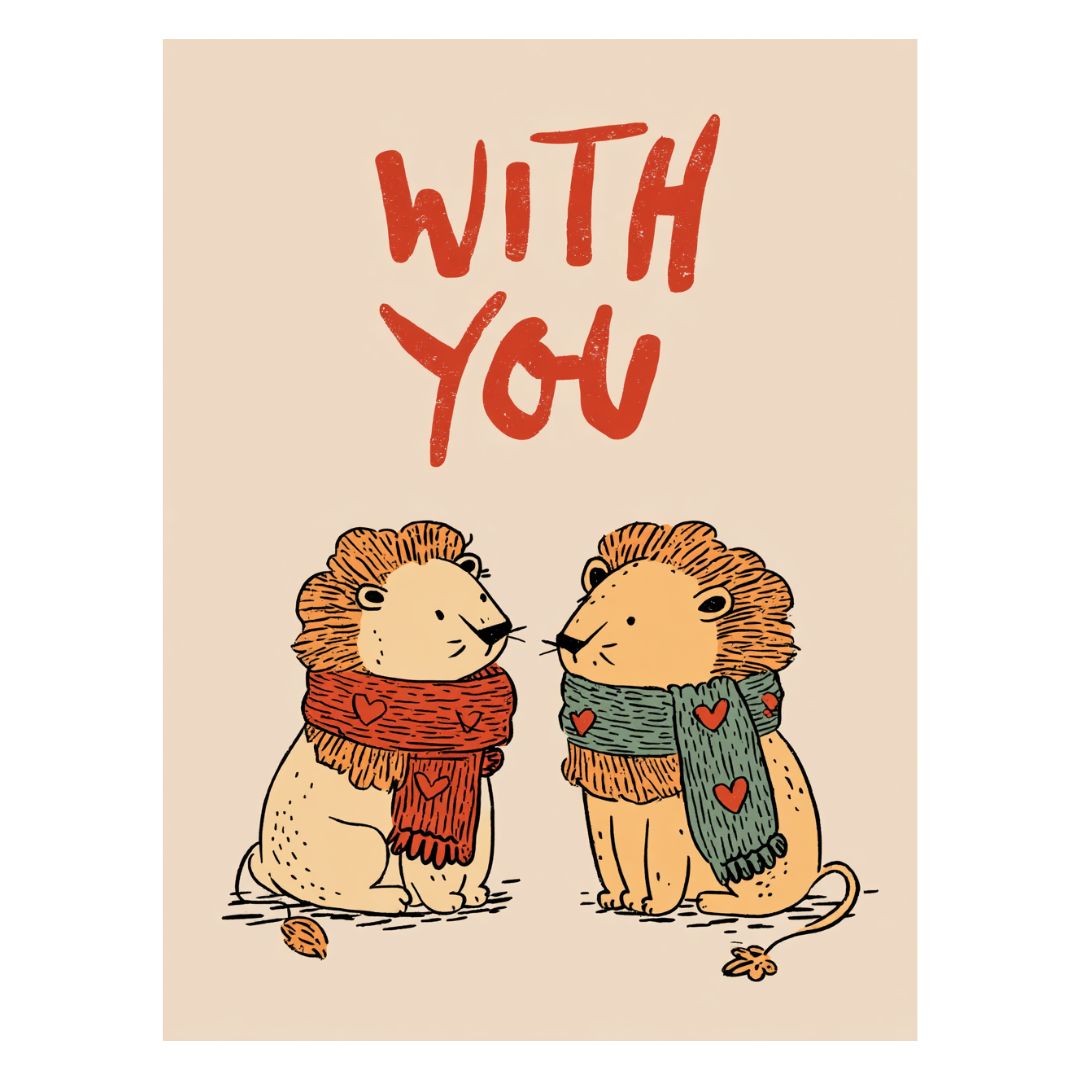 Hand drawn animal couple facing each other with with you text and soft colours