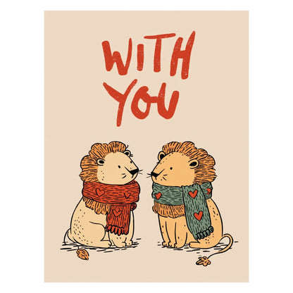 Hand drawn animal couple facing each other with with you text and soft colours