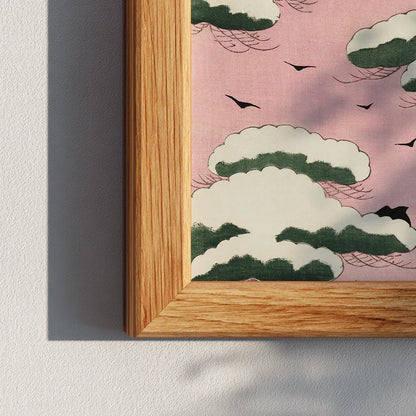 Close-up of a wooden frame corner showing the vintage Shin Bijutsukai pink sky print with cloud and bird detail.