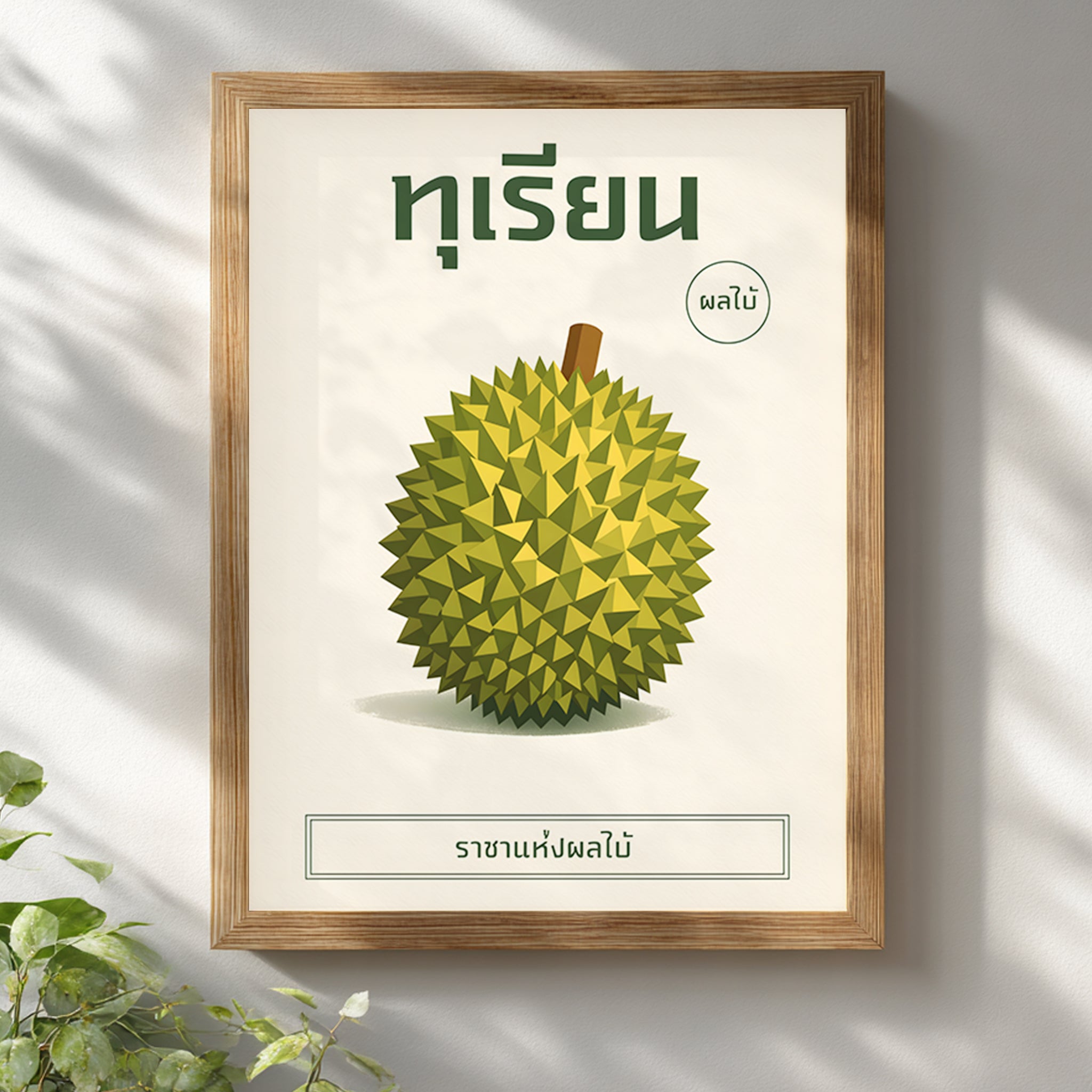 Wooden framed durian botanical print mounted on a white wall with soft natural light casting shadows. The illustration features a stylised geometric green durian with Thai heading text and minimalist layout. The light wood frame adds warmth, making the artwork suitable for Scandinavian, modern or tropical-inspired interiors.