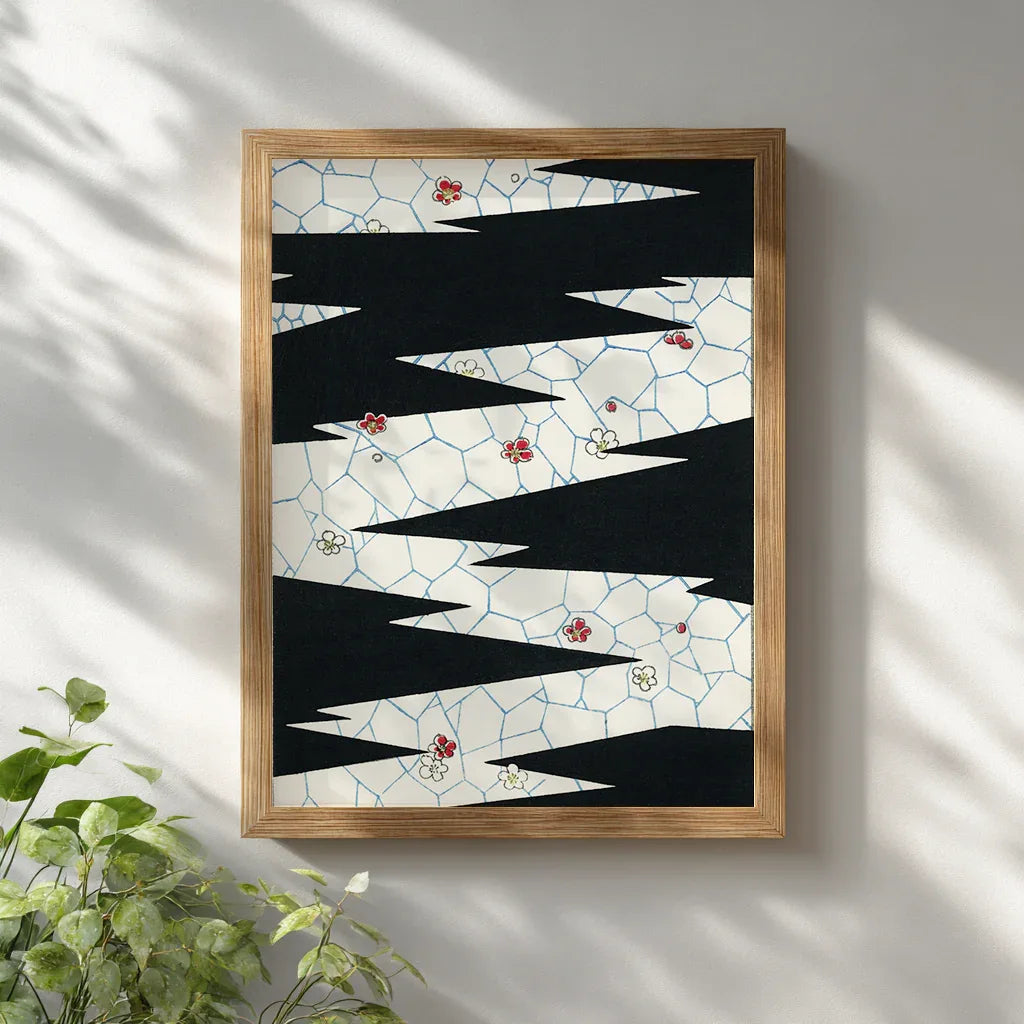 Abstract black zigzag artwork in natural wooden frame hung on a white wall. Minimalist home decor aesthetic, combining organic materials and geometric modern art in clean interior style.