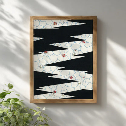 Abstract black zigzag artwork in natural wooden frame hung on a white wall. Minimalist home decor aesthetic, combining organic materials and geometric modern art in clean interior style.