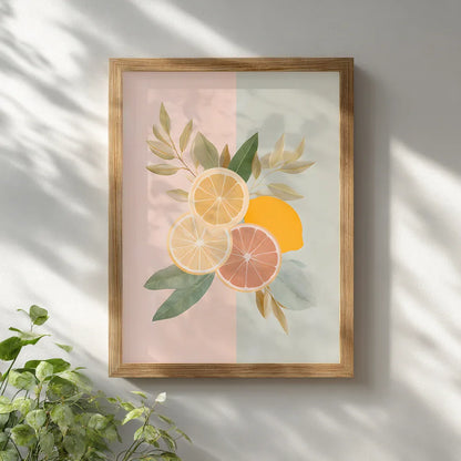 Pastel citrus fruit print framed in a natural wooden frame against a bright white wall, showing how the artwork’s warm colours and organic shapes complement clean, modern interior styling.