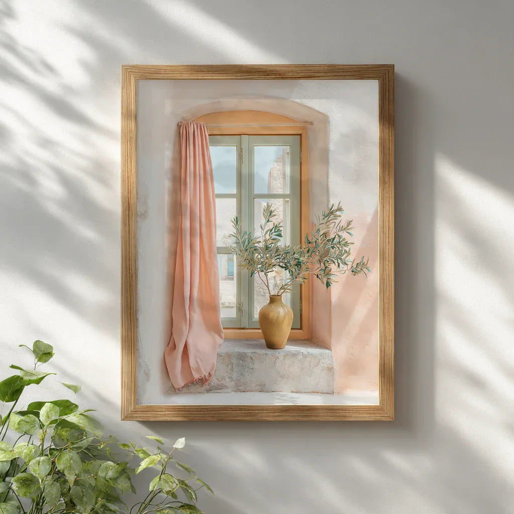 Pastel window-scene artwork framed in light wood and mounted on a bright white wall, captured in soft daylight to show frame texture, clean edges and the warm, calming aesthetic of the print.