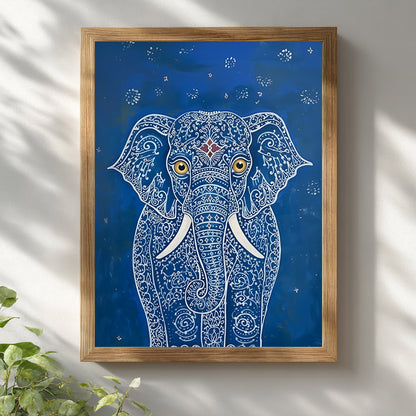 Blue Elegant Elephant Print shown in a natural wooden frame against a white wall with soft daylight shadows. The artwork features a front-facing elephant with detailed white pattern lines, gold eyes, white tusks and a small red forehead detail on a deep blue background. A clean styled mockup for blue elephant wall art, Indian elephant print and decorative animal wall decor.