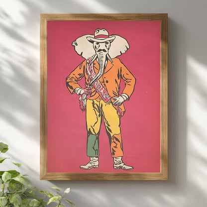 Cowboy wall art in a light wooden frame hung on a white wall with soft natural shadows. The artwork features an elephant dressed as a cowboy in an orange jacket, yellow trousers, boots and hat against a red background. A playful western wall art piece with Americana style, ideal for modern homes, eclectic rooms, offices and bold gallery wall decor.