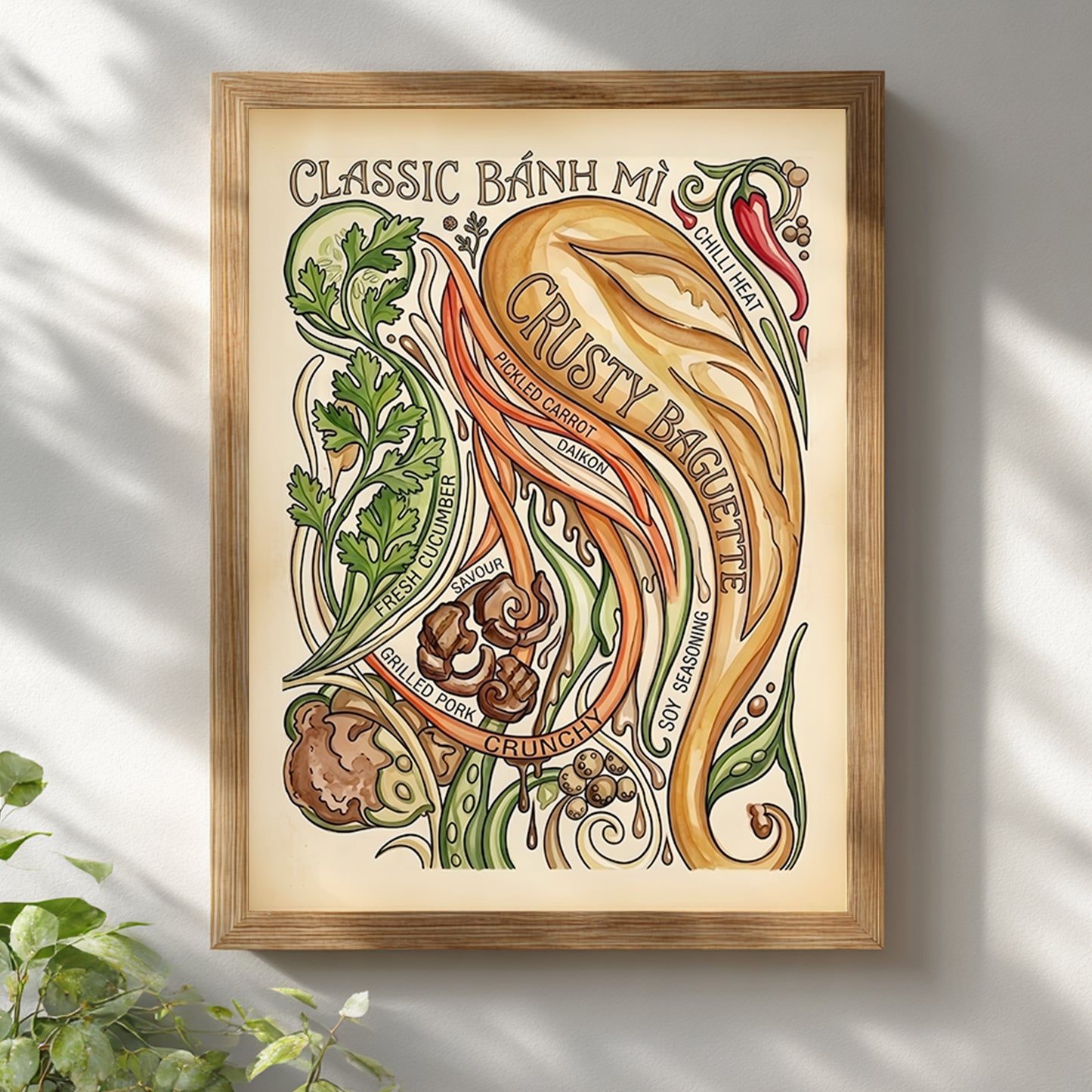 Wooden framed Banh Mi Poster hanging on a bright white wall with soft natural light. The vintage Vietnamese sandwich print features a crusty baguette, chilli, coriander, cucumber, pickled carrot, daikon and grilled pork, creating fresh kitchen wall art for dining rooms, cafés, restaurants and foodie interiors.