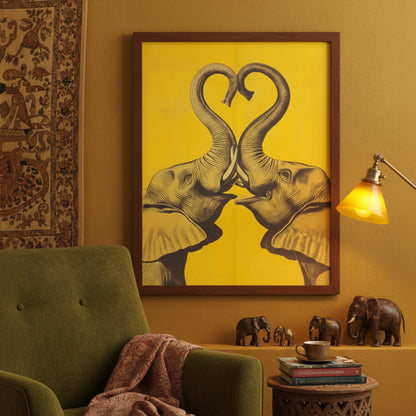 Elephant Heart yellow elephant poster styled in a warm interior above a sofa with a dark frame, lamp, and textured decor. Two mirrored elephants face each other with trunks forming a heart, printed in dark linework on a bold yellow background. Room mockup for elephant wall art, elephant print, modern elephant poster, romantic elephant art, and travel-inspired wall decor.