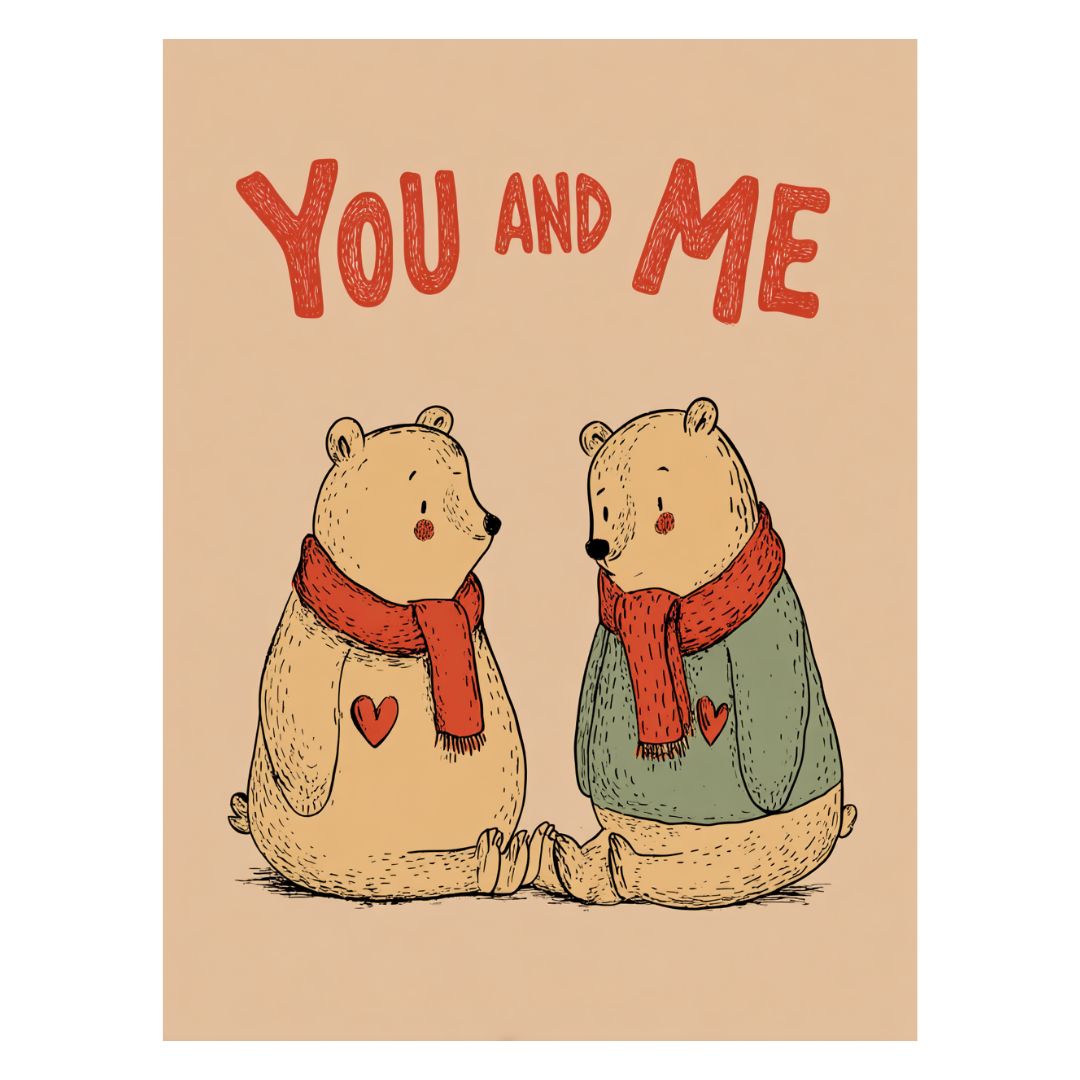 Bear couple illustration with you and me text in a soft storybook look